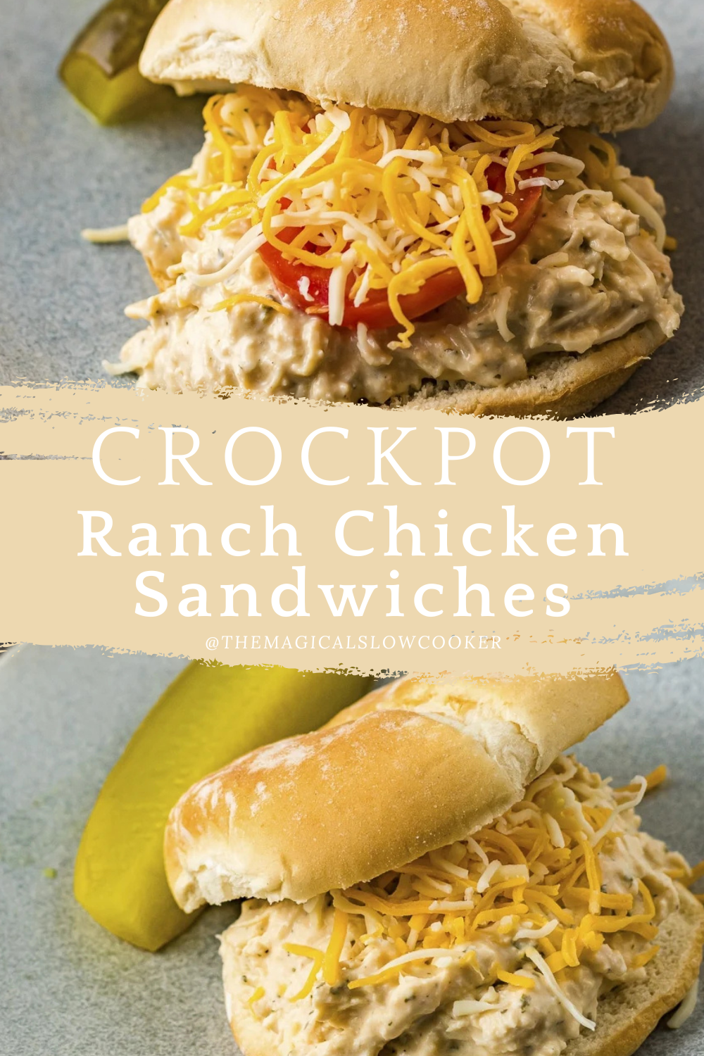 ranch chicken sandwiches in a slow cooker and on a bun on a plate.