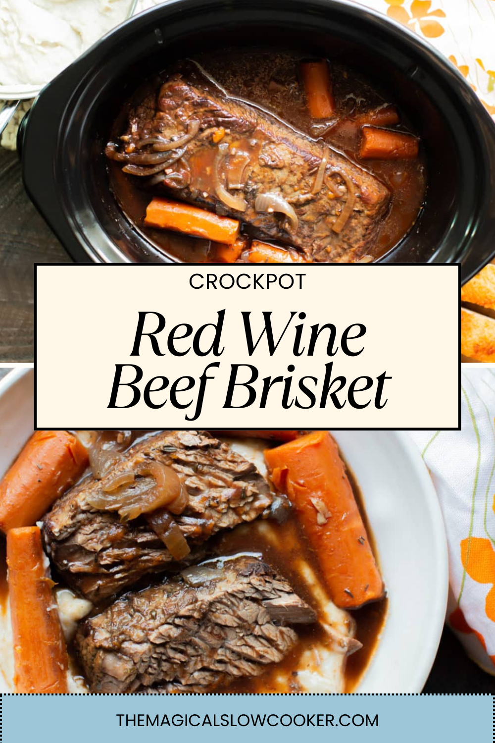 red wine brisket in a slow cooker and on a plate.