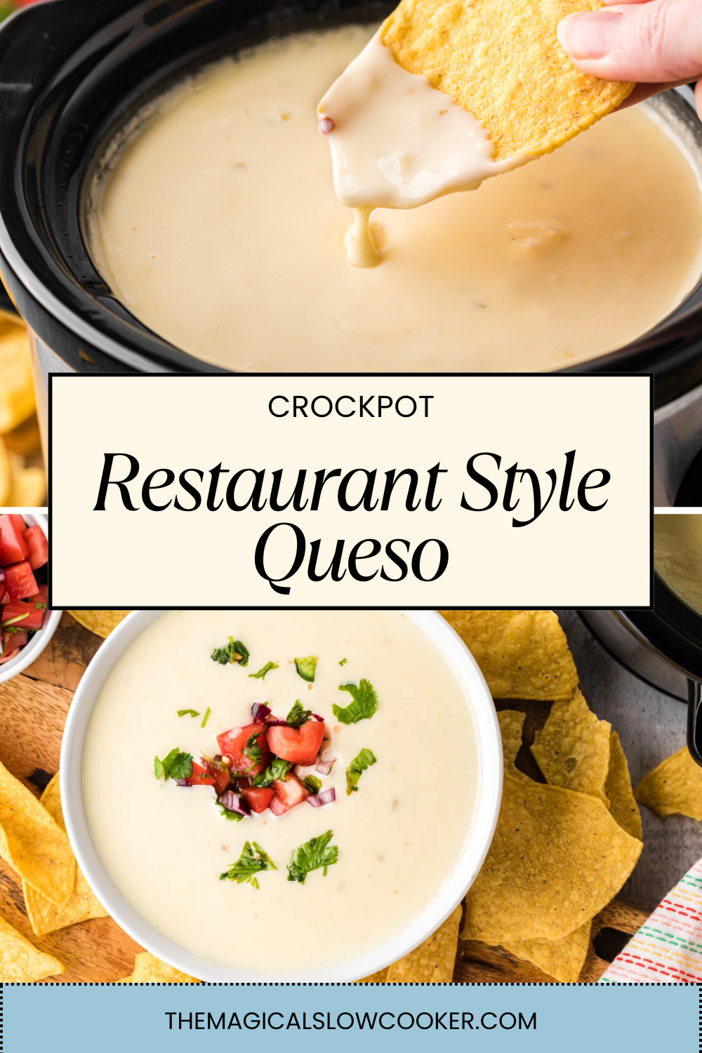 queso in as low cooker and in a bowl with chips on the side.