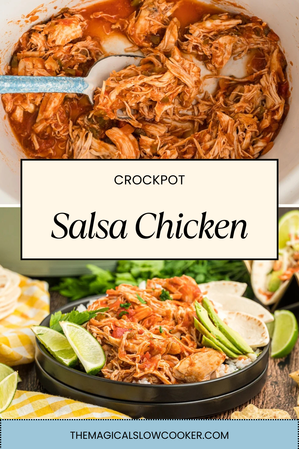salsa chicken in a slow cooker and on a plate.