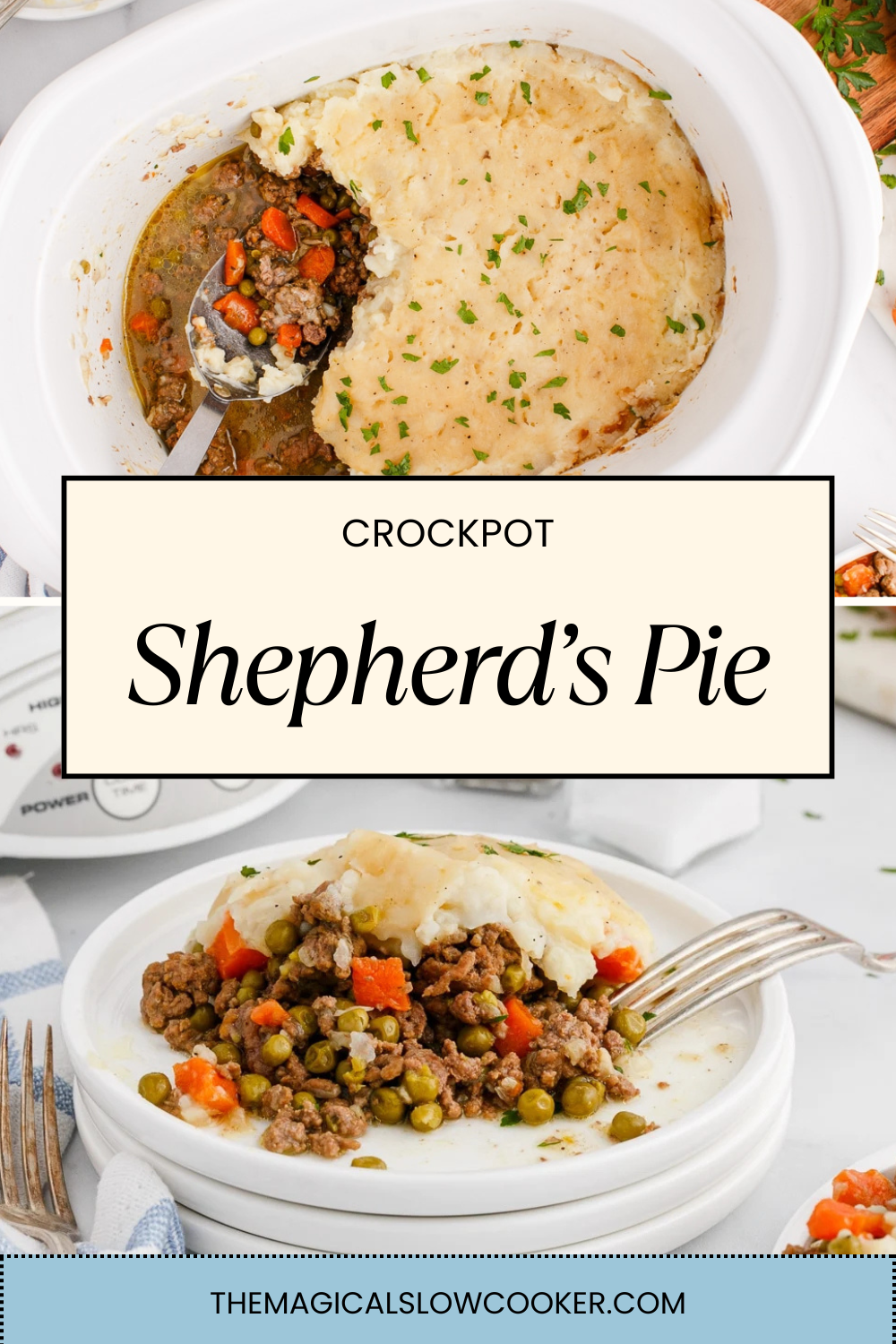 shepherds pie in a slow cooker and on a plate.