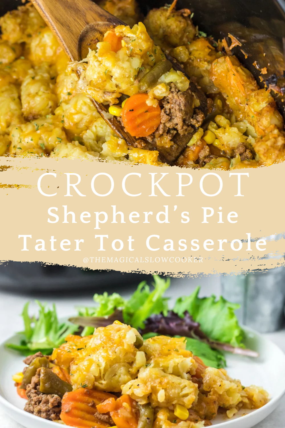 shepherds pie tater tot casseroel in a slow cooker and on a plate.