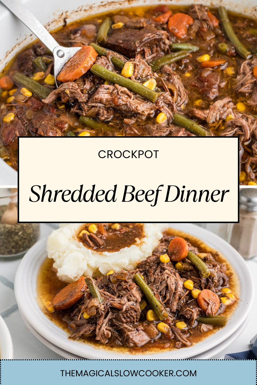 shredded beef dinner in a slow cooker and a plate with potatoes.