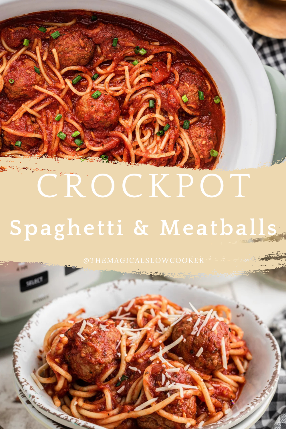 spaghetti and meatballs in a slow cooker and on a plate.