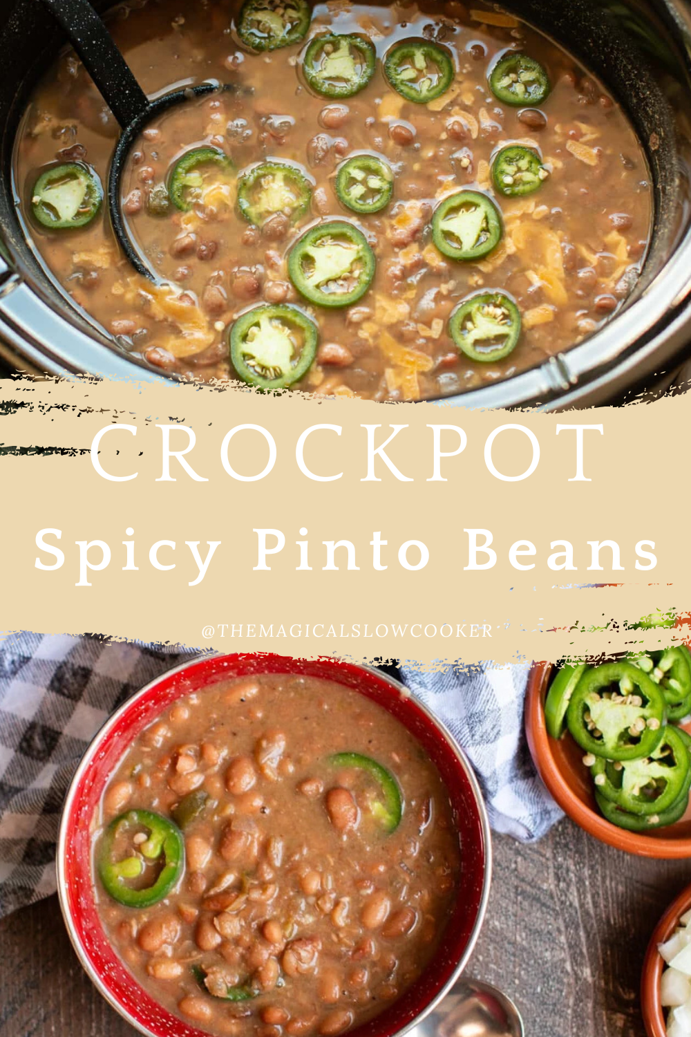 spicy pinto beans in a bowl and on a plate.