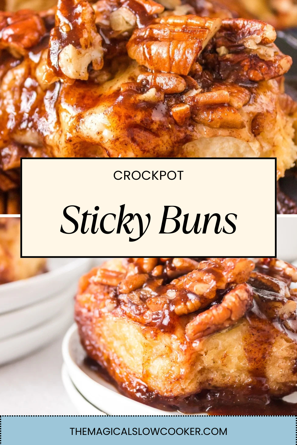 sticky buns in a slow cooker and on a plate with a fork.