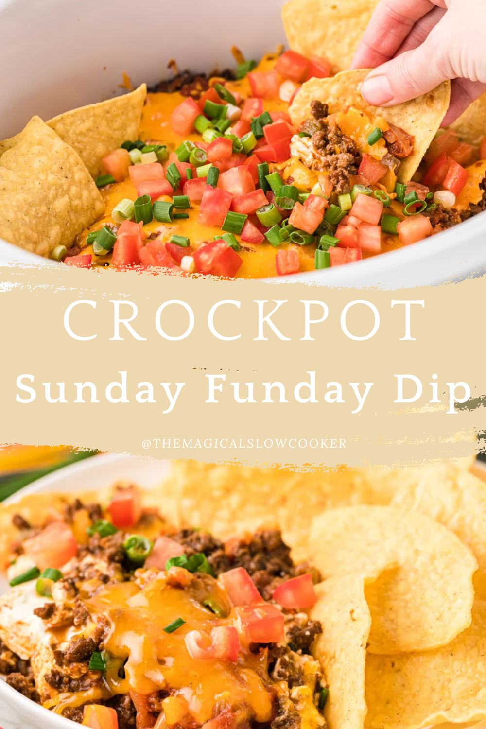 funday dip in a slow cooker and on a plate.