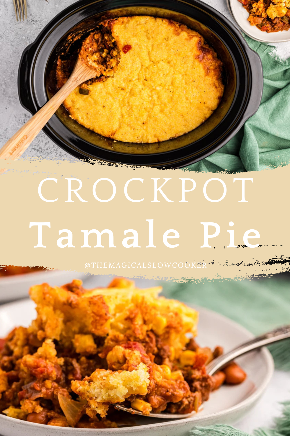 tamale pie in a slow cooker and on a plate.
