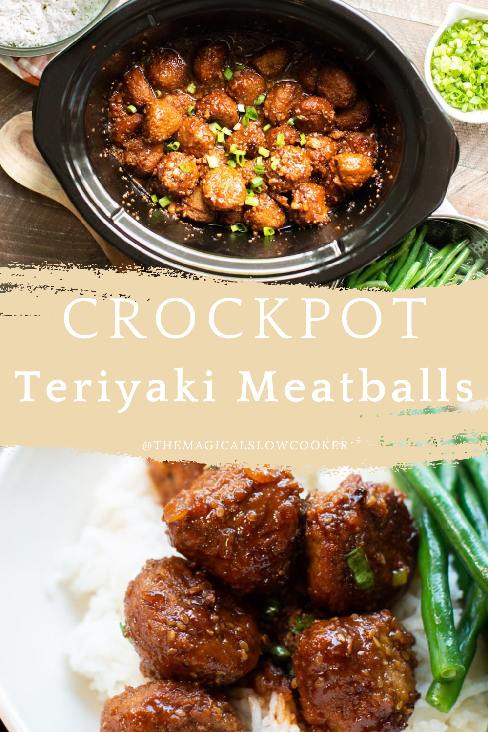 teriyaki meatballs on a plate and in a slow cooker.