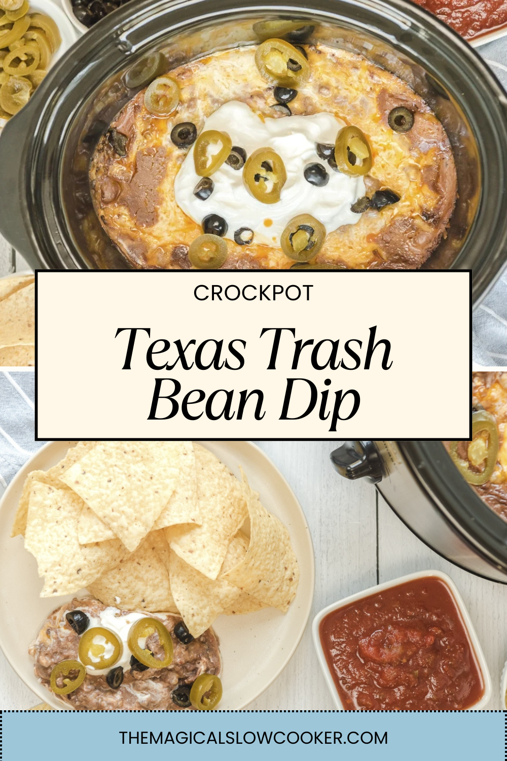 texas trash dip in a slow cooker and on a plate with chips.