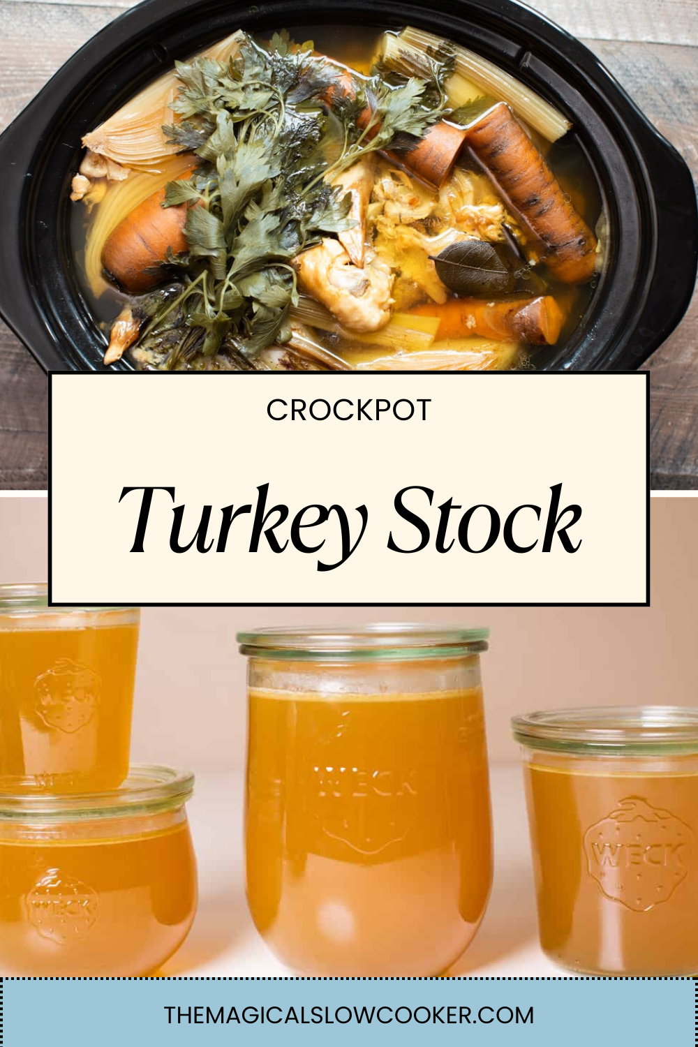 turkey stock in a slow cooker and in jars.