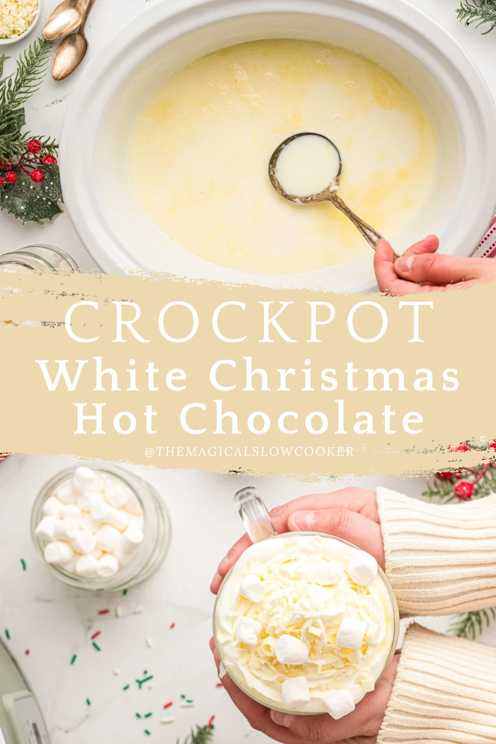 white christmas hot chocolate in a slow cooker and in a mug.