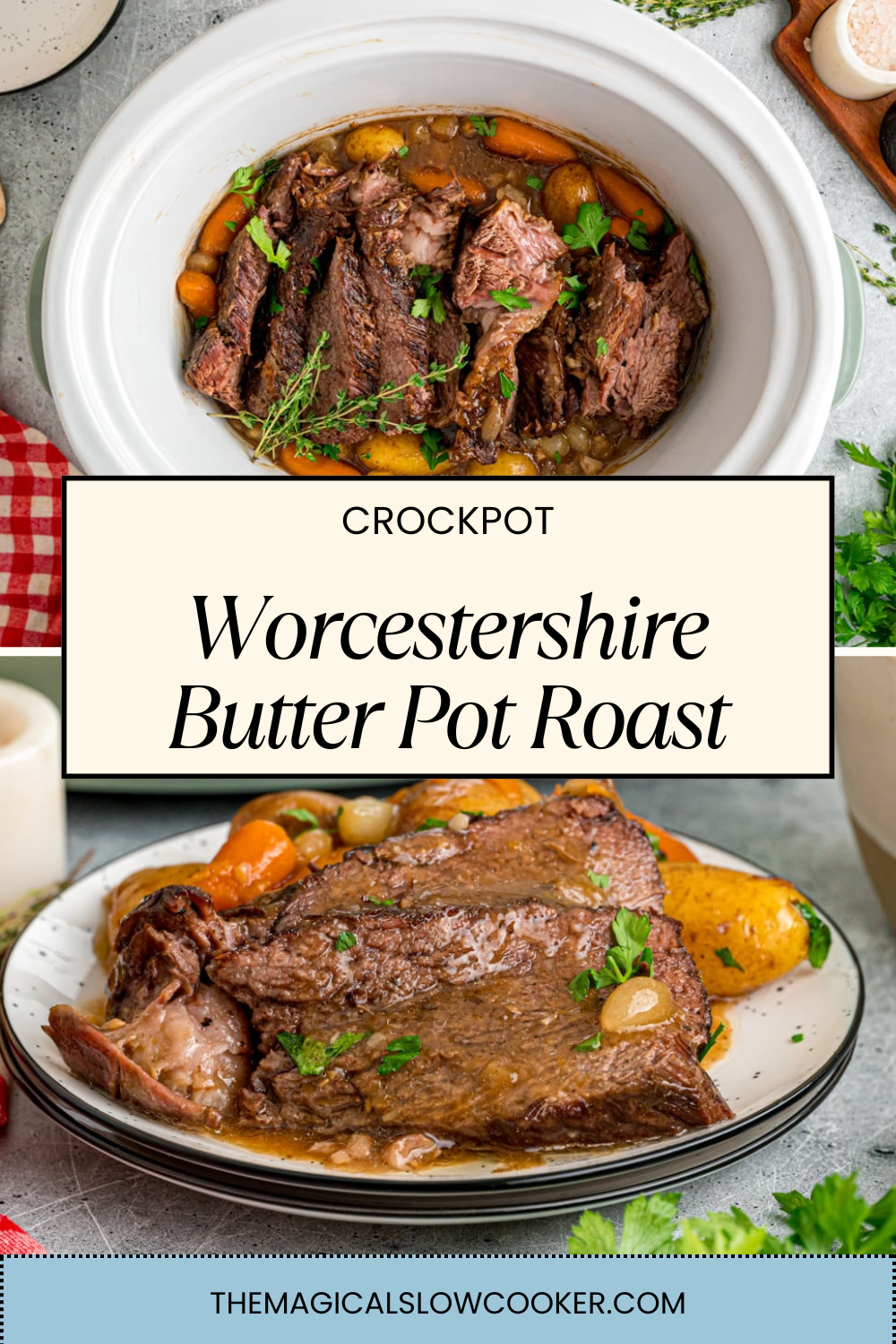 Worcestershire pot roast in a slow cooker and on a plate.
