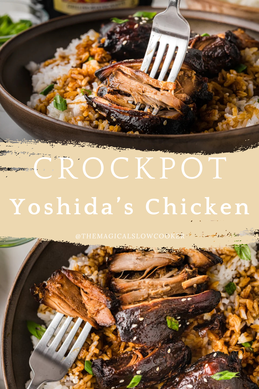 yoshida chicken in a slow cooker and on a plate.