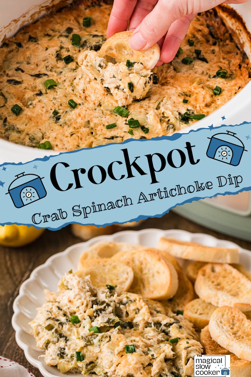 Two images of crockpot crab spinach artichoke dip with title text overlay.