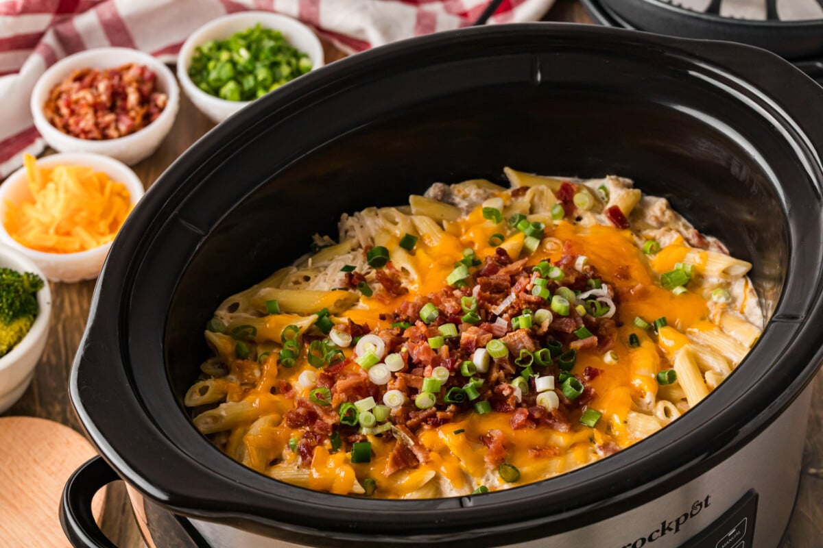 Crack chicken pasta in a crockpot after cooking.