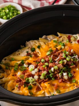 Crack chicken pasta in a crockpot after cooking.