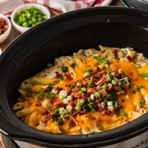 Crack chicken pasta in a crockpot after cooking.