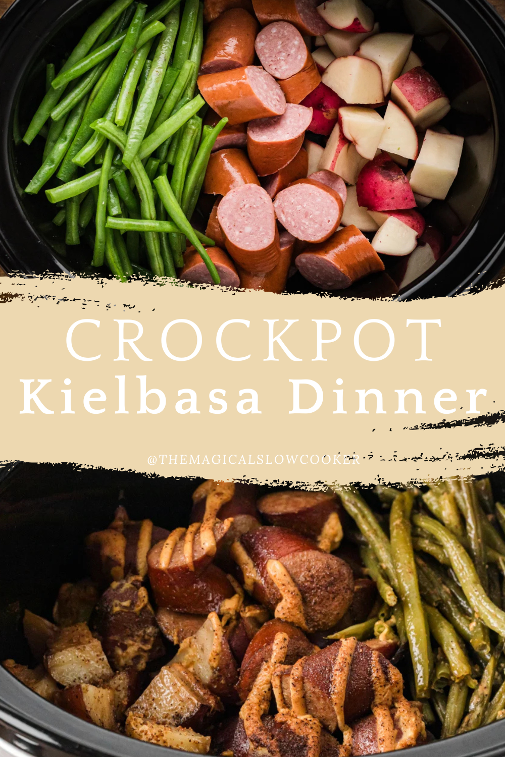2 images of green beans, potatoes and kielbasa.