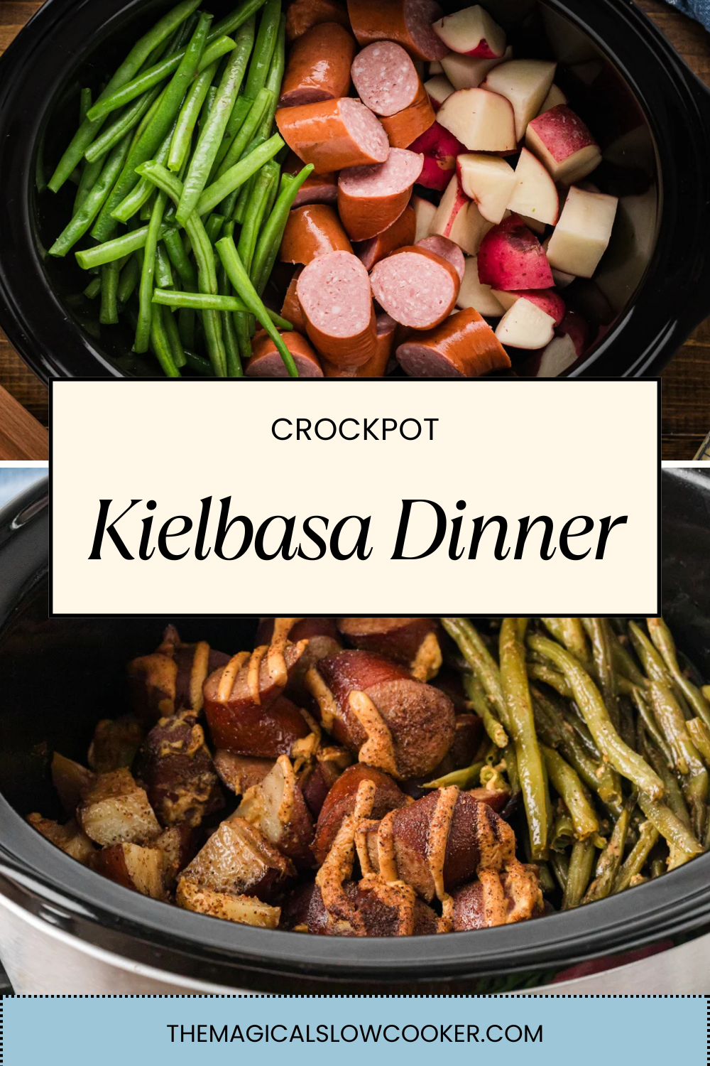 kielbasa dinner uncooked and cooked in a slow cooker.