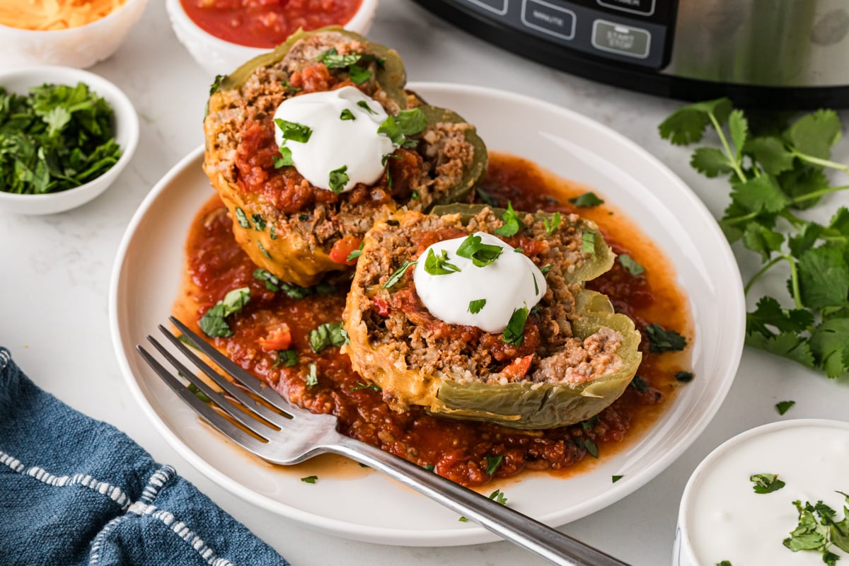 Two stuffed peppers on a white plate with a fork on it.