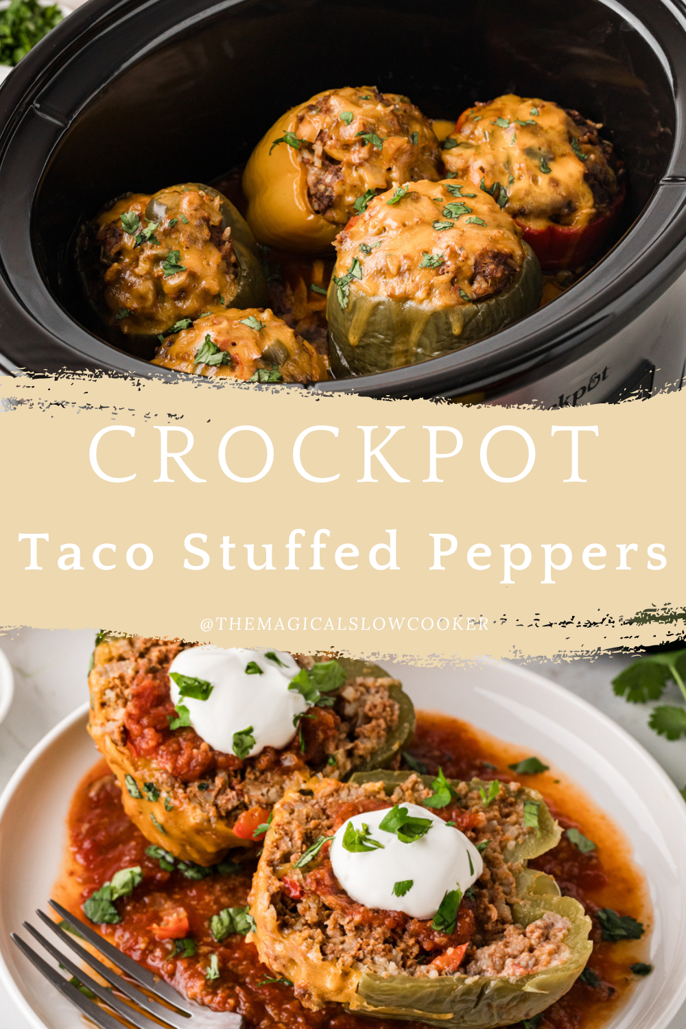 Two images of slow cooker stuffed peppers with text overlay.