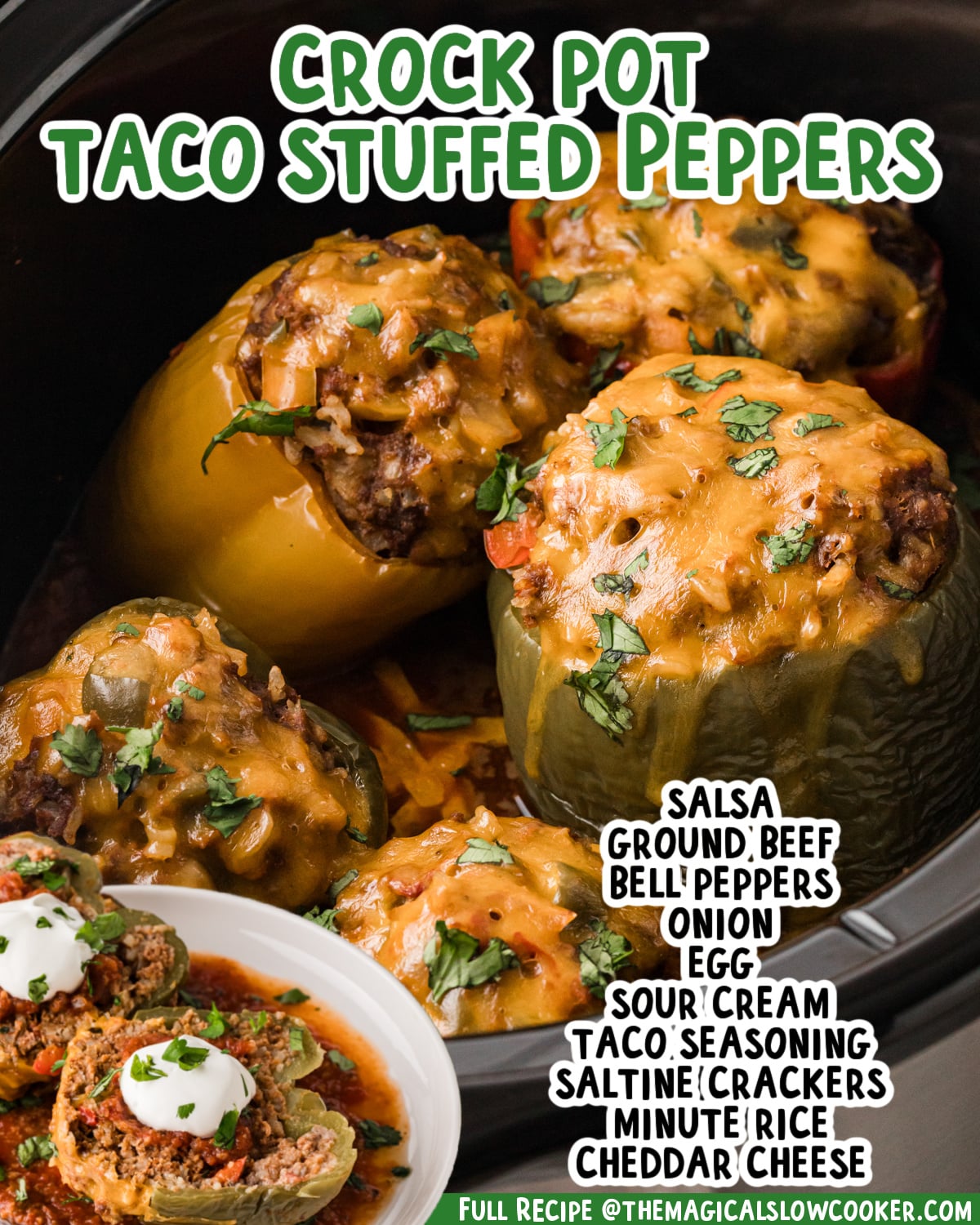 Two images of taco stuffed peppers with text list of ingredients.