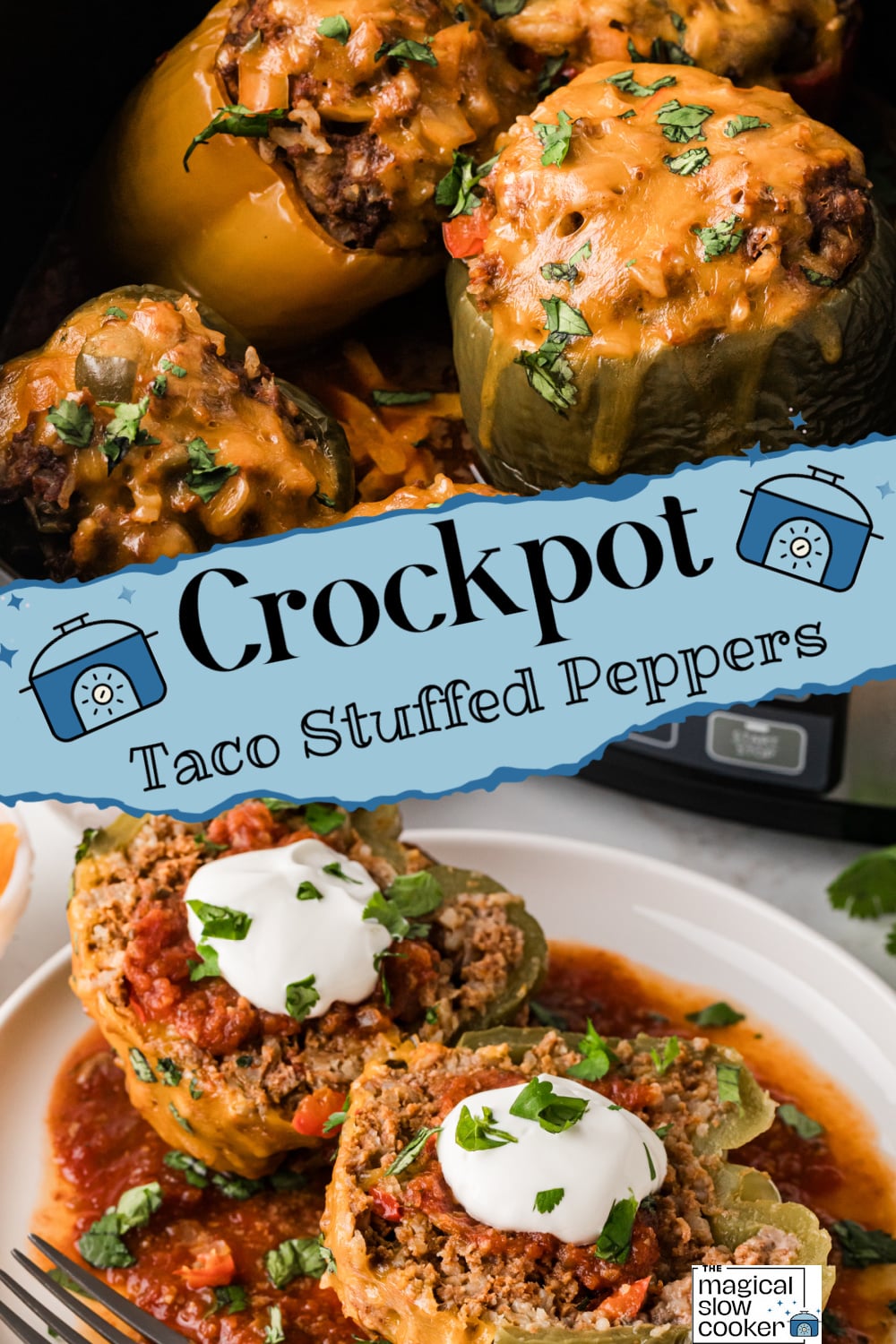 Two images of crockpot taco stuffed peppers with title text overlay.