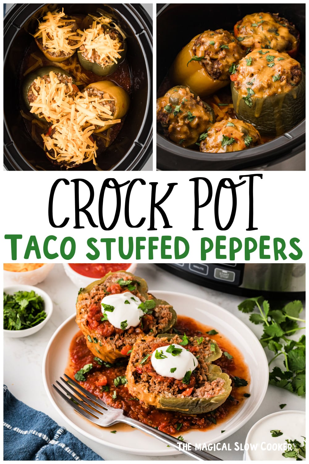 Three images of taco stuffed peppers for pinterest.