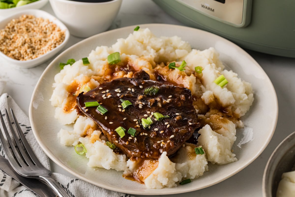 Teriyaki steak and mashed potatoes on a white plate.