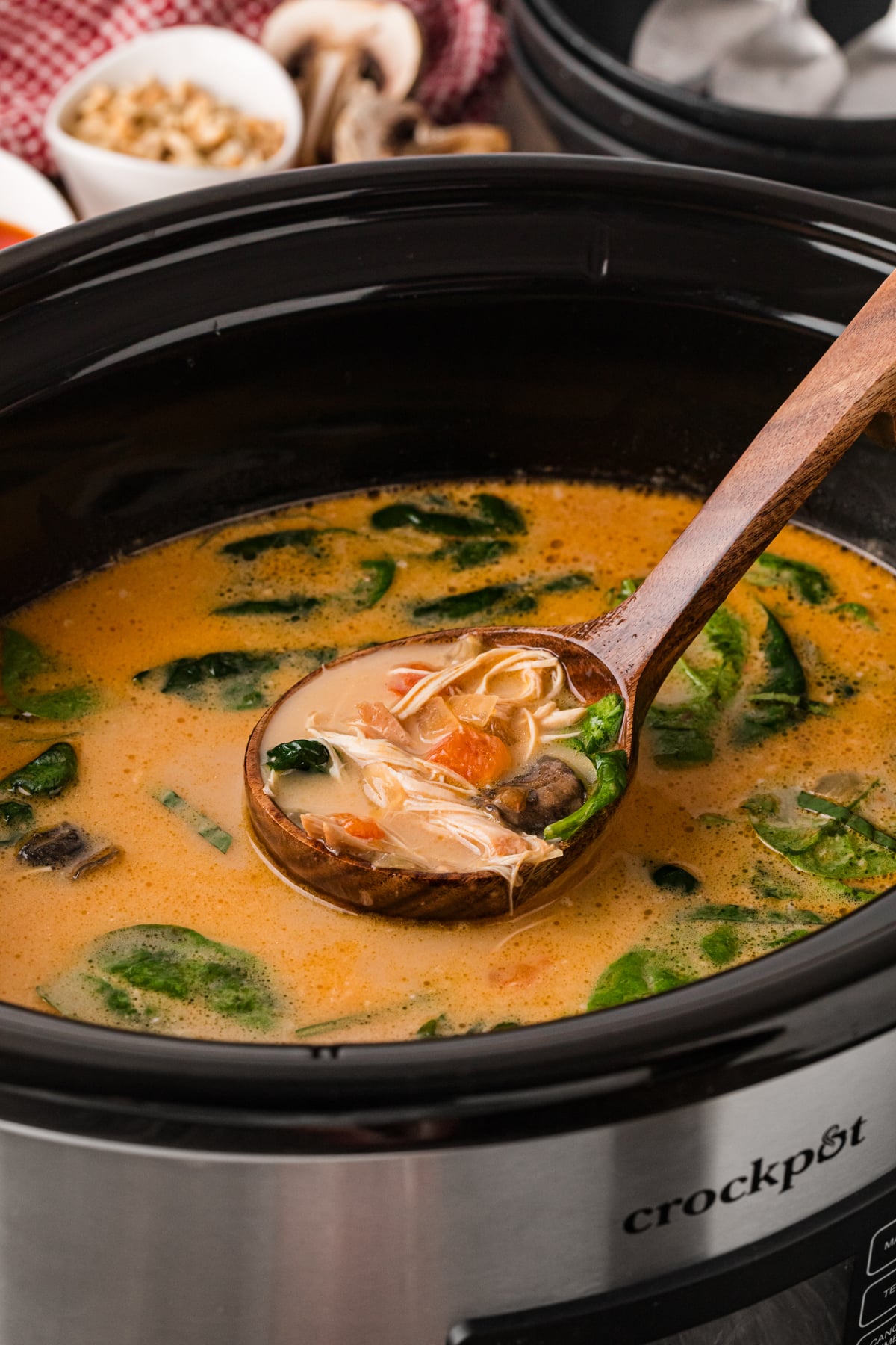Thai red curry chicken soup in a crockpot with a ladle scooping some out.