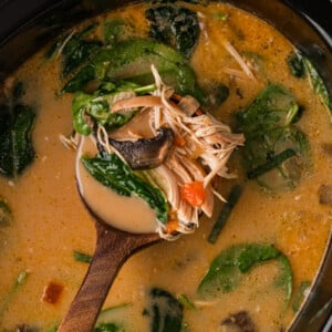 A ladle holding a scoop of curry soup over a crockpot.