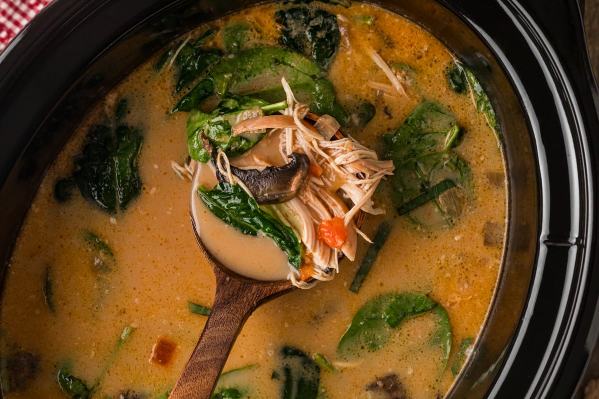 A ladle holding a scoop of curry soup over a crockpot.