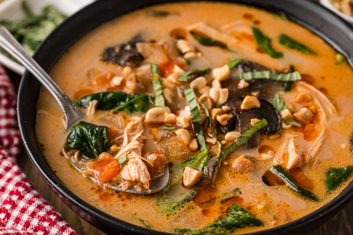 A serving of thai curry chicken soup in a black bowl with a spoon in it.