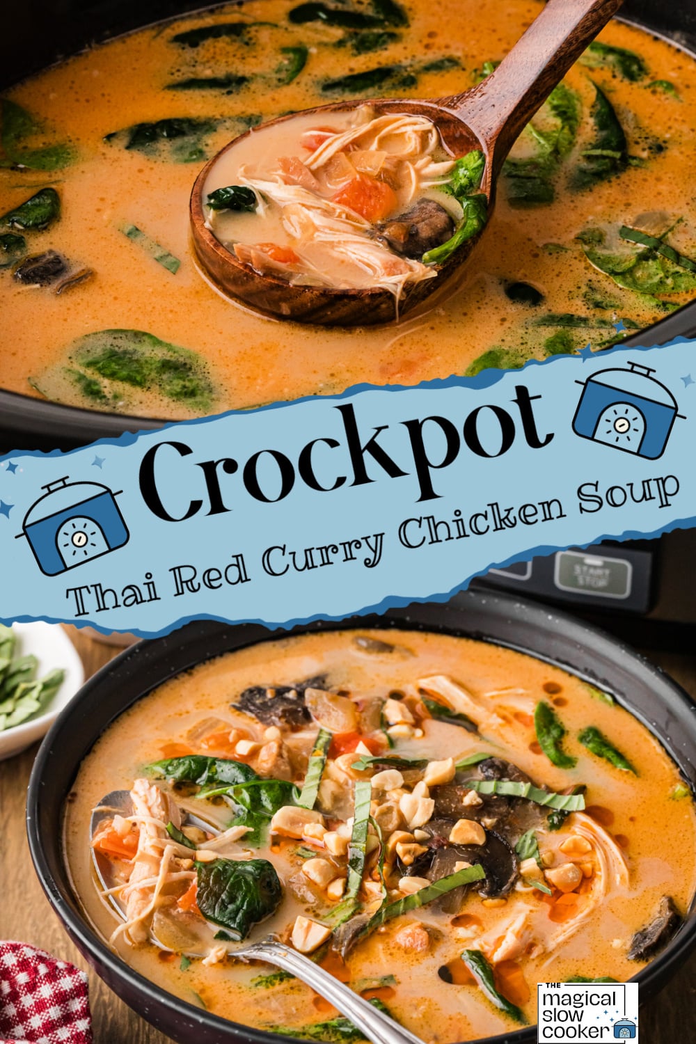Two images of crockpot thai red curry chicken soup with title text overlay.