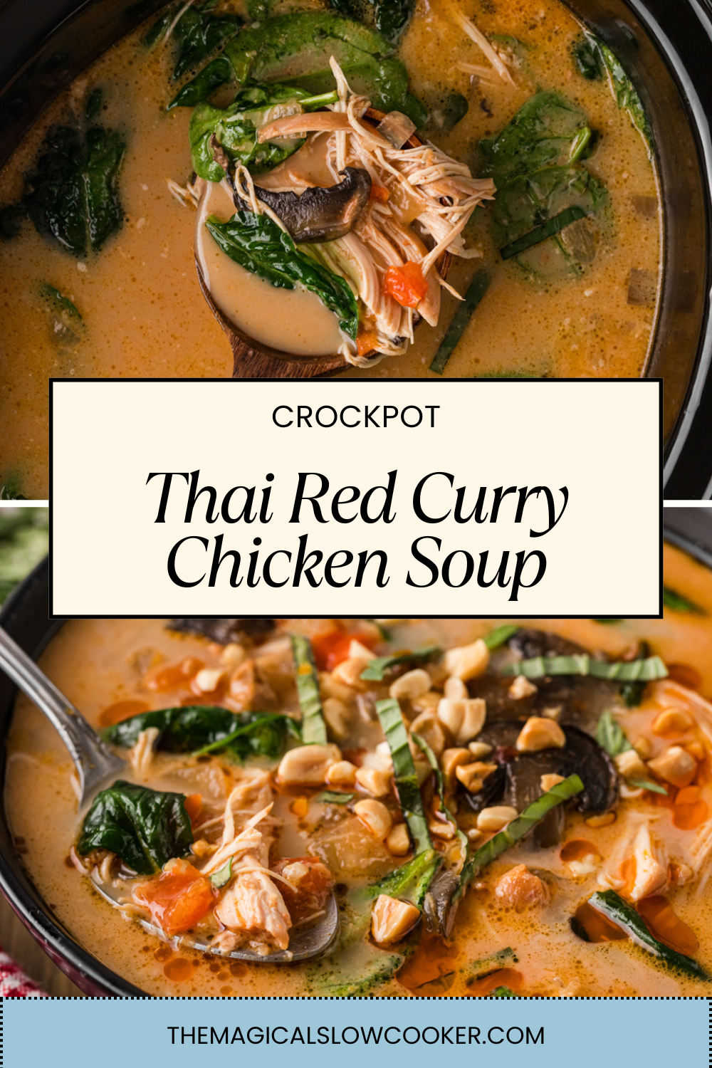Two images of thai red curry chicken soup with text overlay.