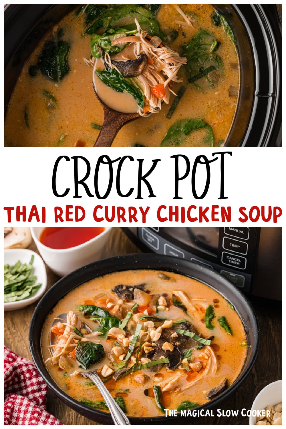 Two images of crockpot thai red curry chicken soup for pinterest.