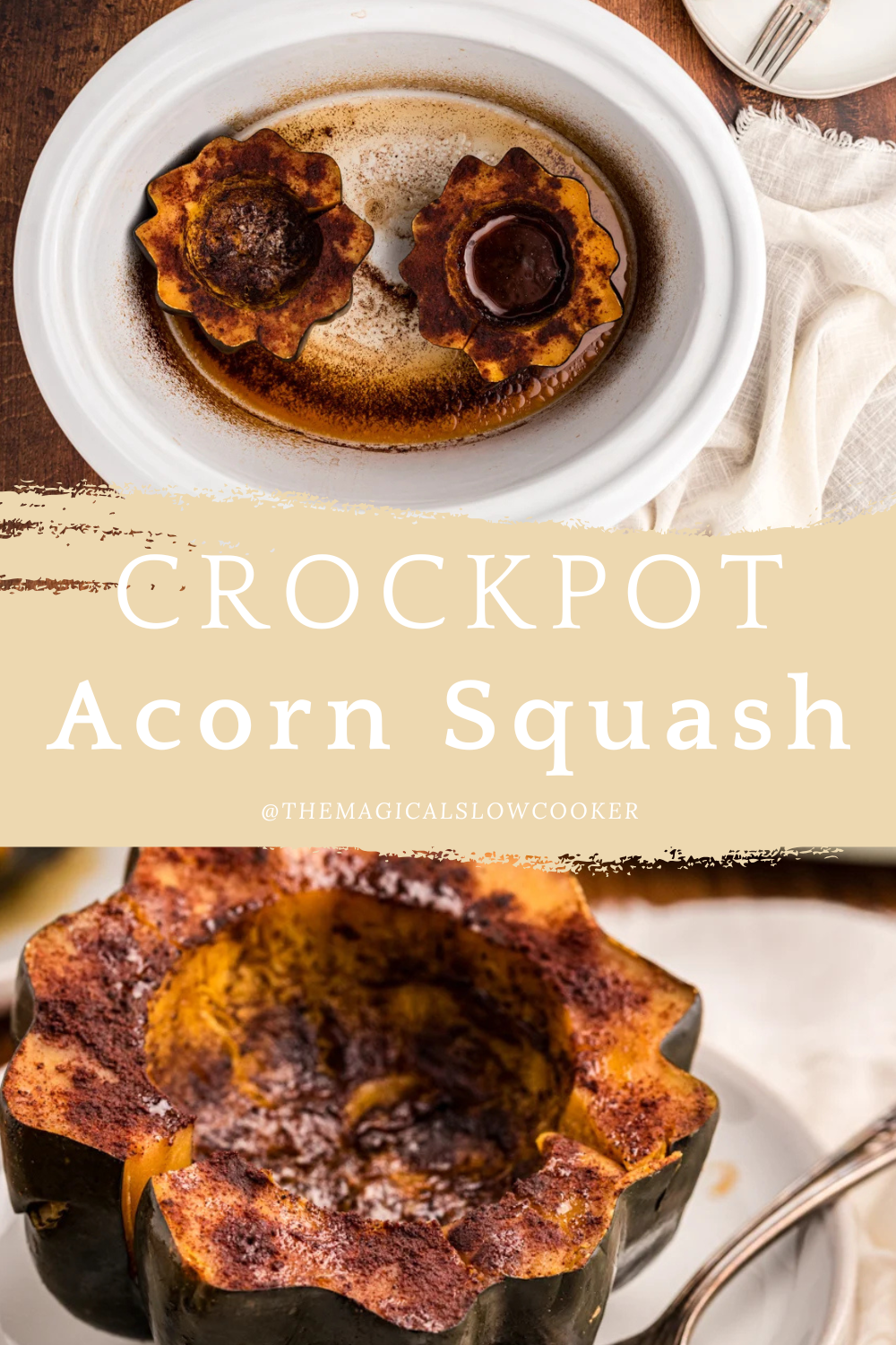 acorn squash in a slow cooker and on a plate.