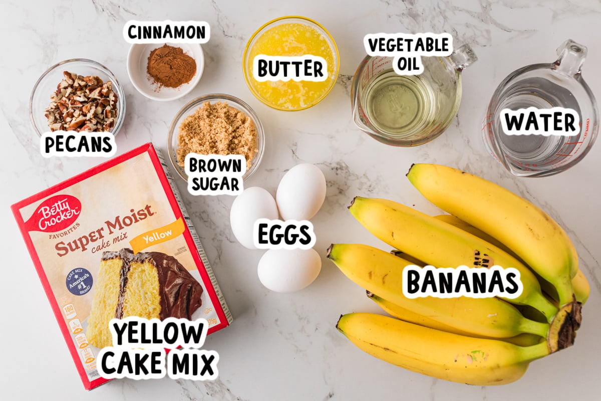 Ingredients for banana upside down cake on a table.