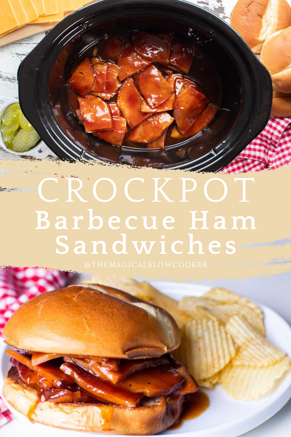 Two images of crockpot ham sandwiches with text overlay.