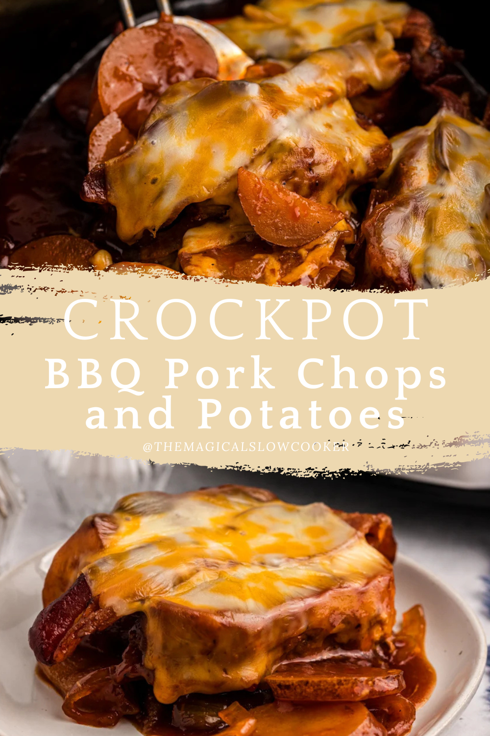 bbq pork chops with and potatoes in a slow cooker and on a plate.