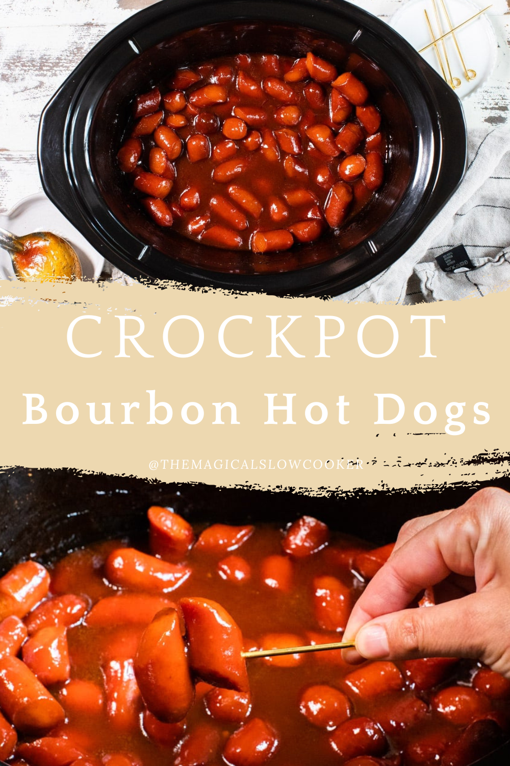 bourbon bbq hot dogs in a slow cooker and on a toothpick.