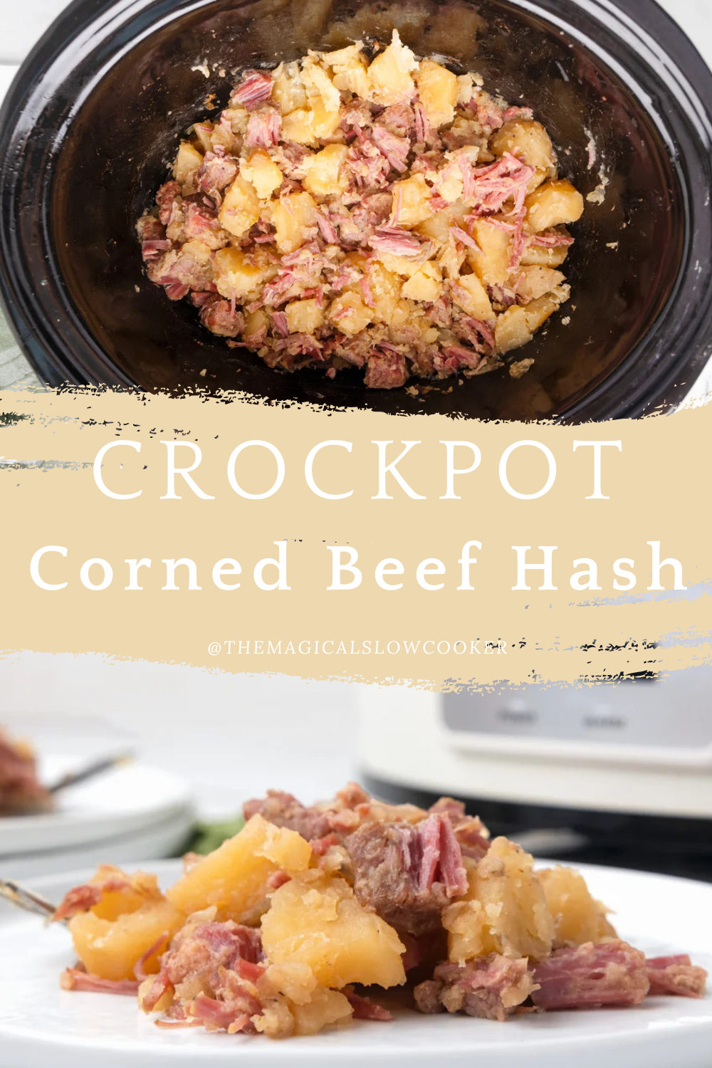 corned beef hash in a slow cooker and on a plate.