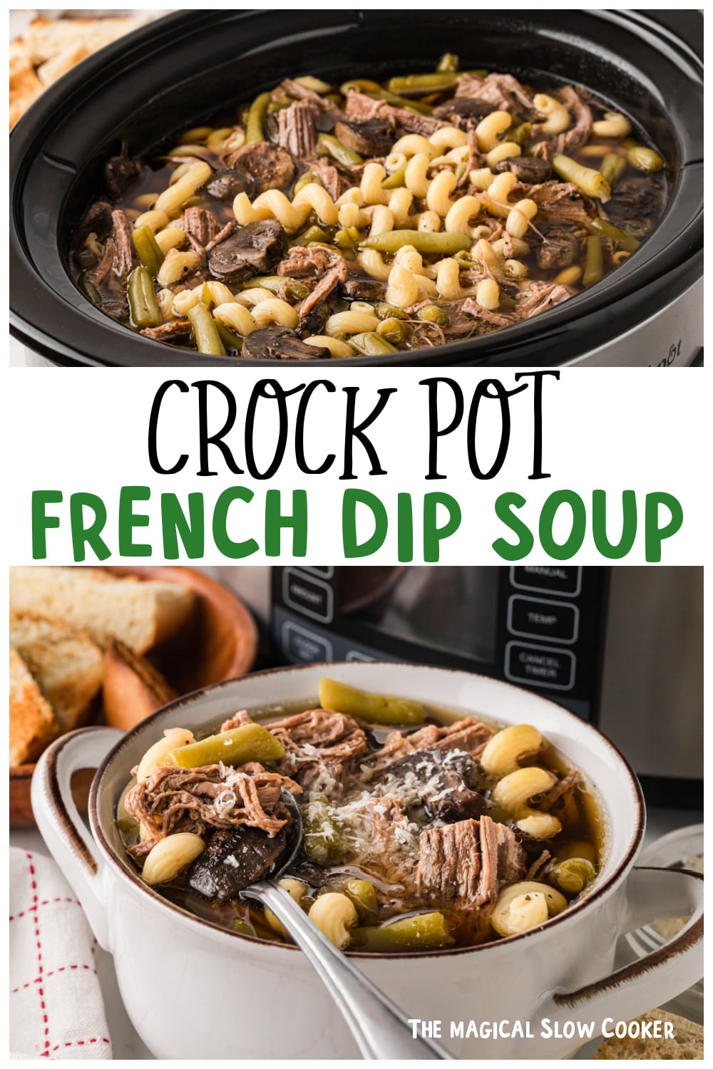Two images of french dip soup for pinterest.