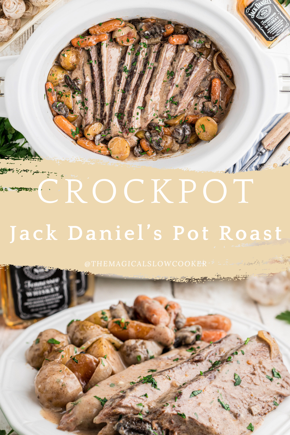 jack daniel's pot roast in a slow cooker and on a plate.