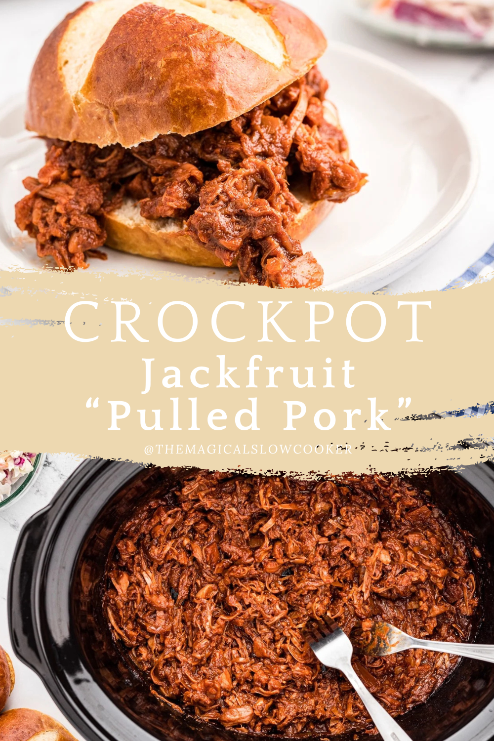 jackfruit pork in a slow cooker and on a bun.