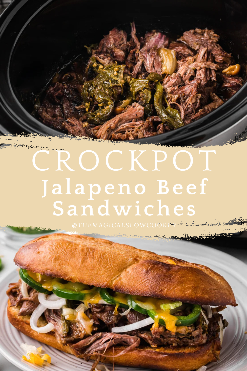 jalapeno beef sandwiches in a slow cooker and on a hoagie roll.