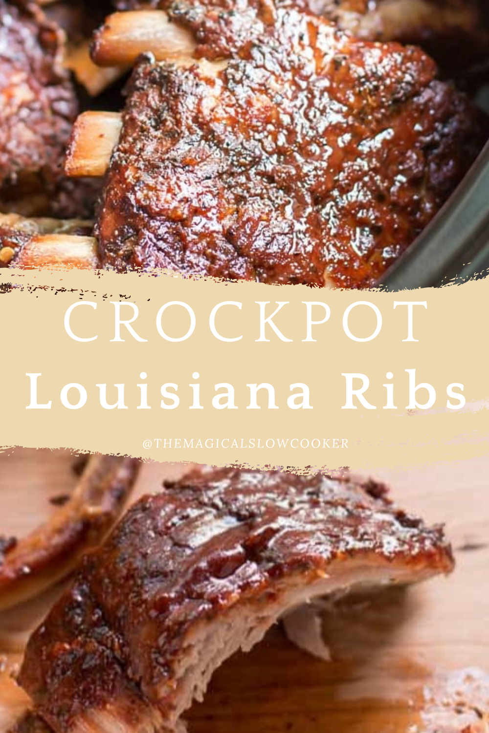 Louisana ribs in a slow cooker and on a cutting board.