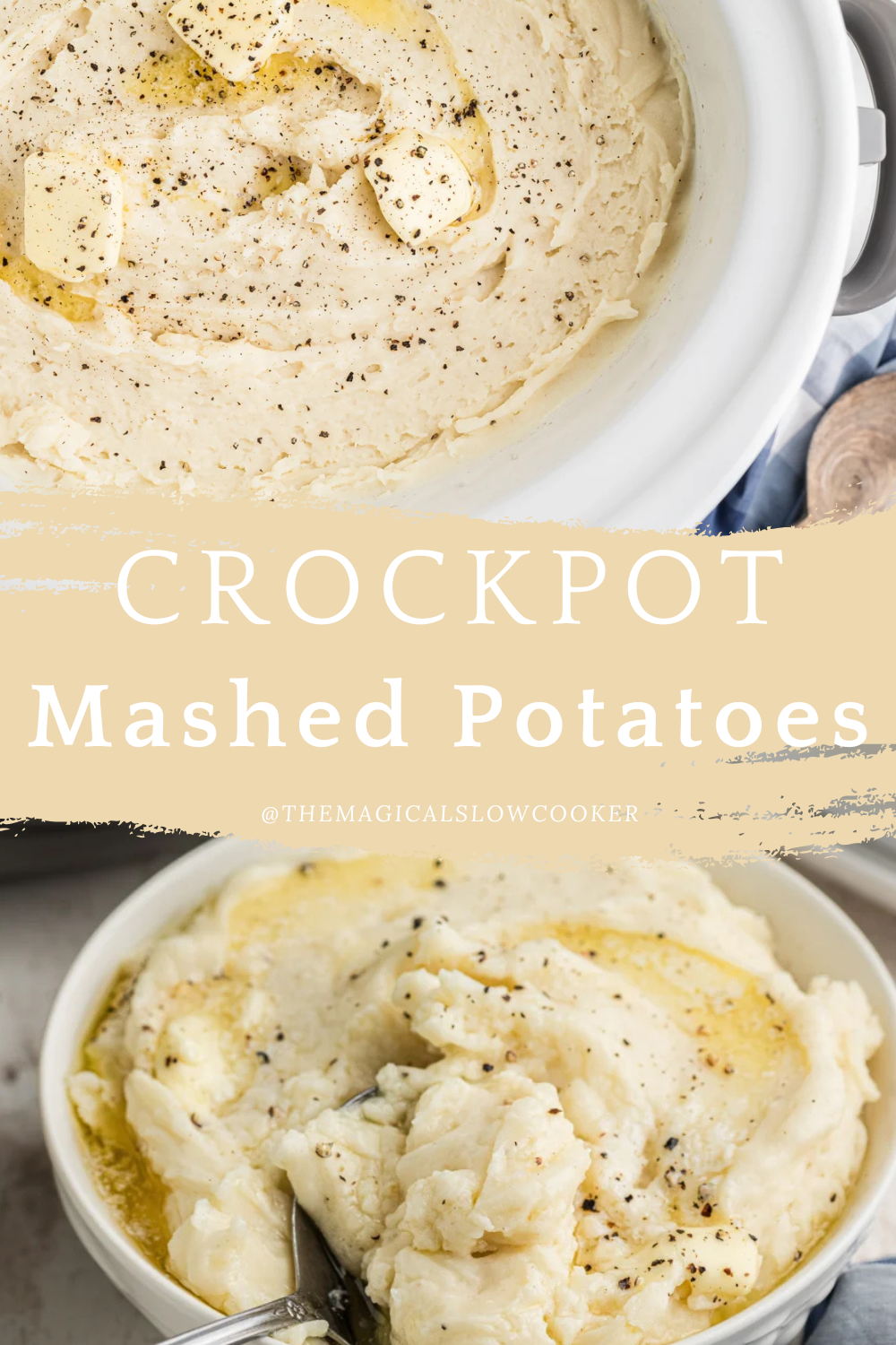 Two images of crockpot mashed potatoes with text overlay.