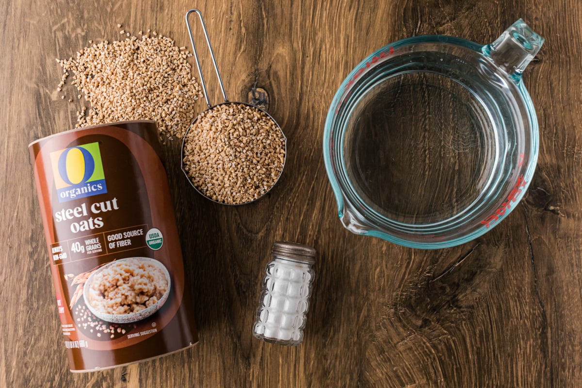 Ingredients for oatmeal on a table.